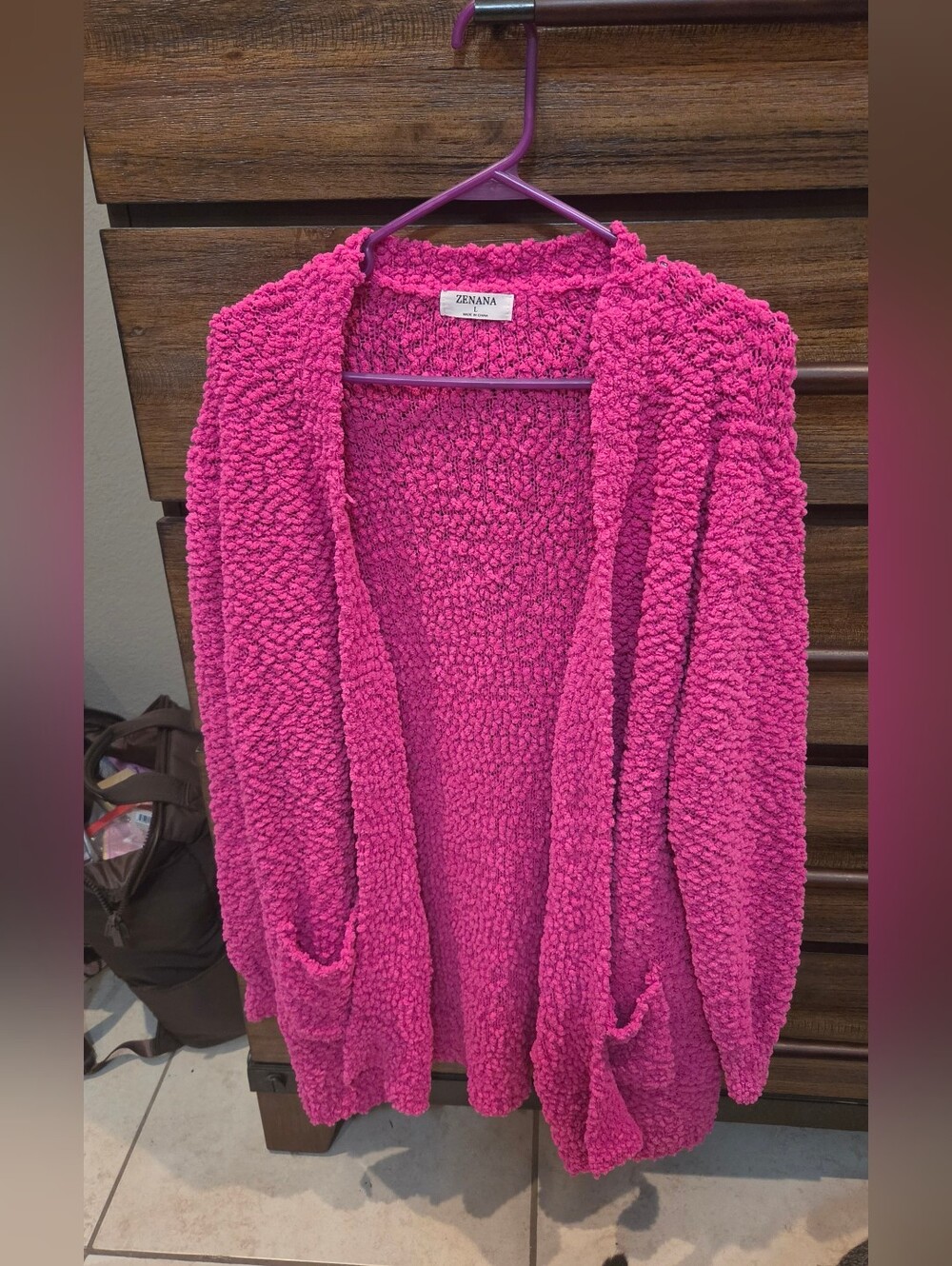 Zenana Outfitters Fuschia Popcorn Open-Front Cardigan Size Large